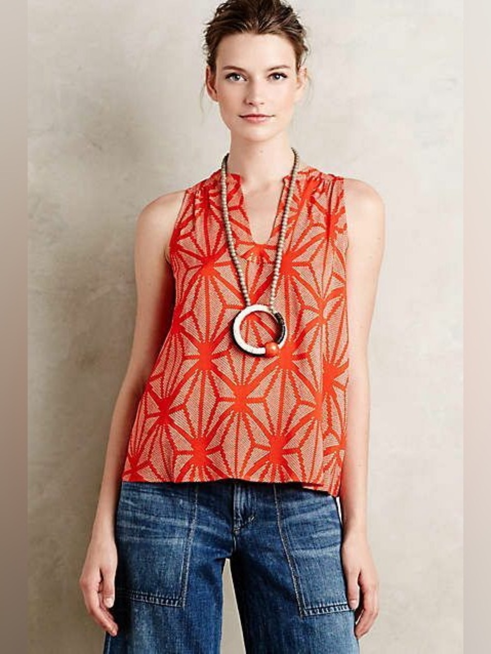 Anthropologie Maeve Enna Tank Top geometric coral red orange